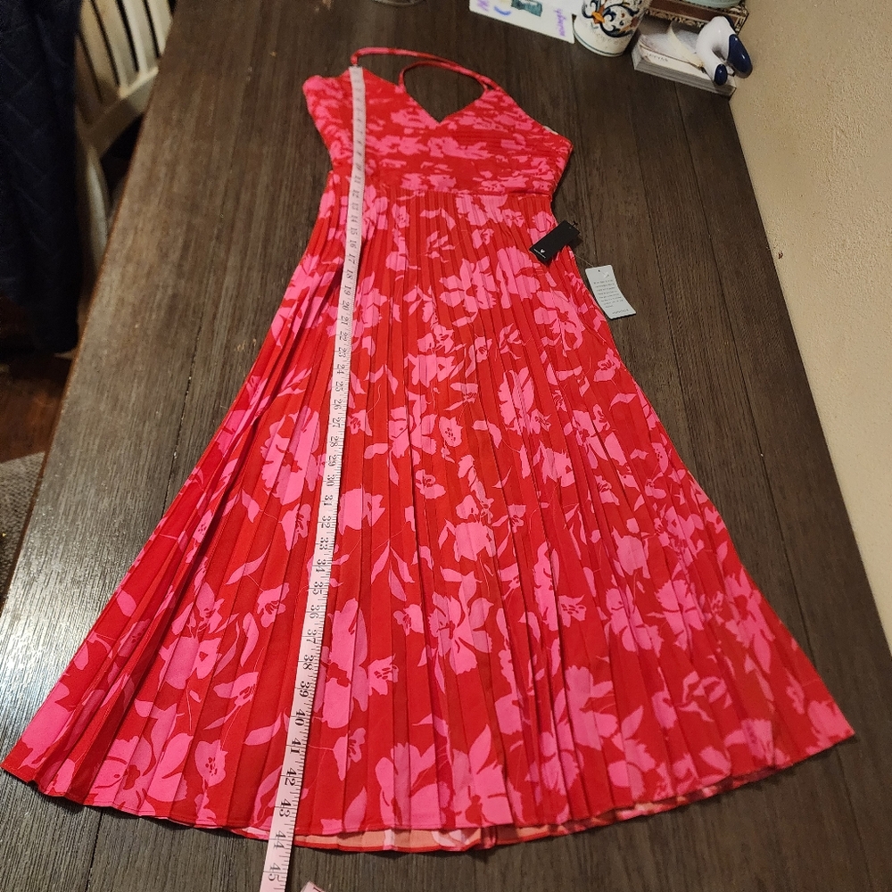 Lulu’s Vibrant Moment Floral Pleated Lace-Up Midi Dress NWT Red & Pink Med - Picture 3 of 13